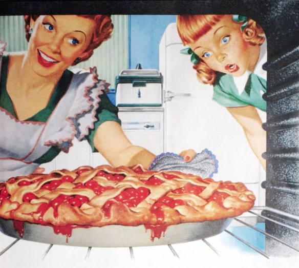 Illustration of an idealized American mother taking a perfect cherry pie out of the oven while her daughter looks on in amazement. Screen print, 1950s advertisement. --- Image by © PoodlesRock/Corbis